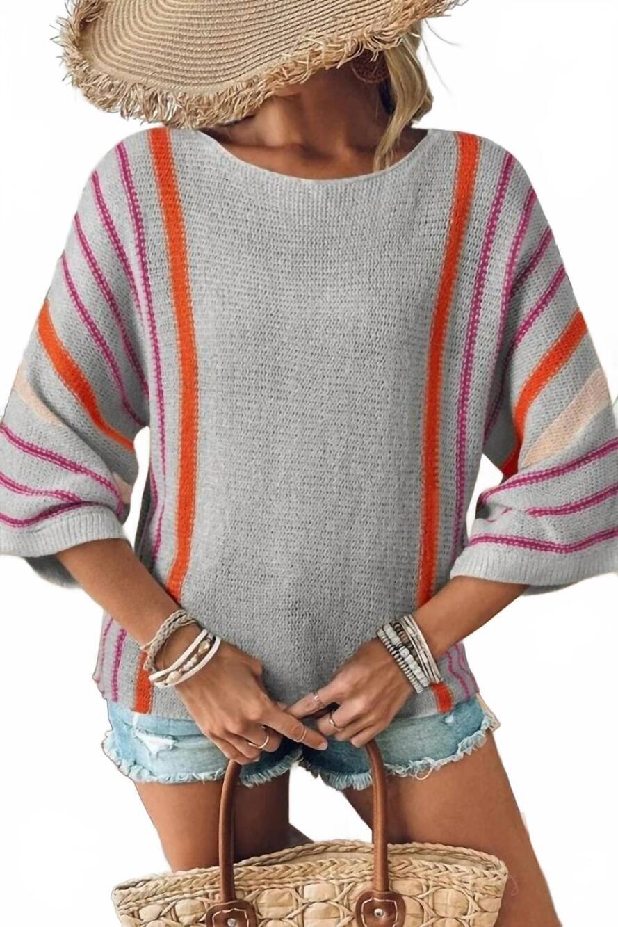 NEW 1 THE WOMAN striped detail wide sleeve lightweight knitted sweater in gray